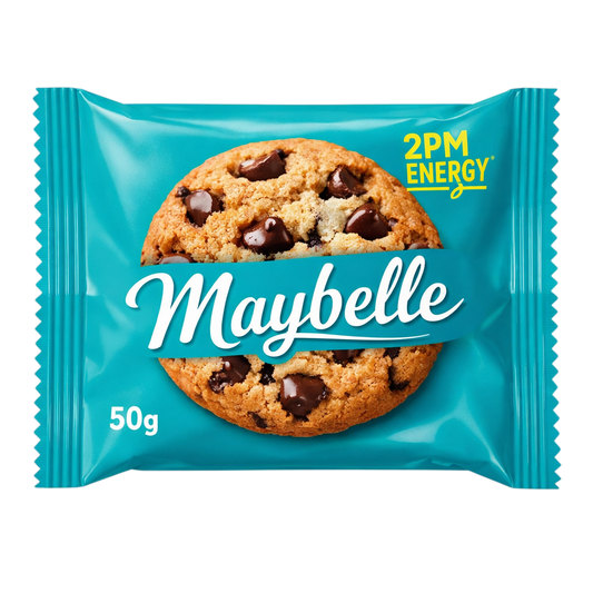 Mayabelle cookie package with blue background and chocolate chip cookie image