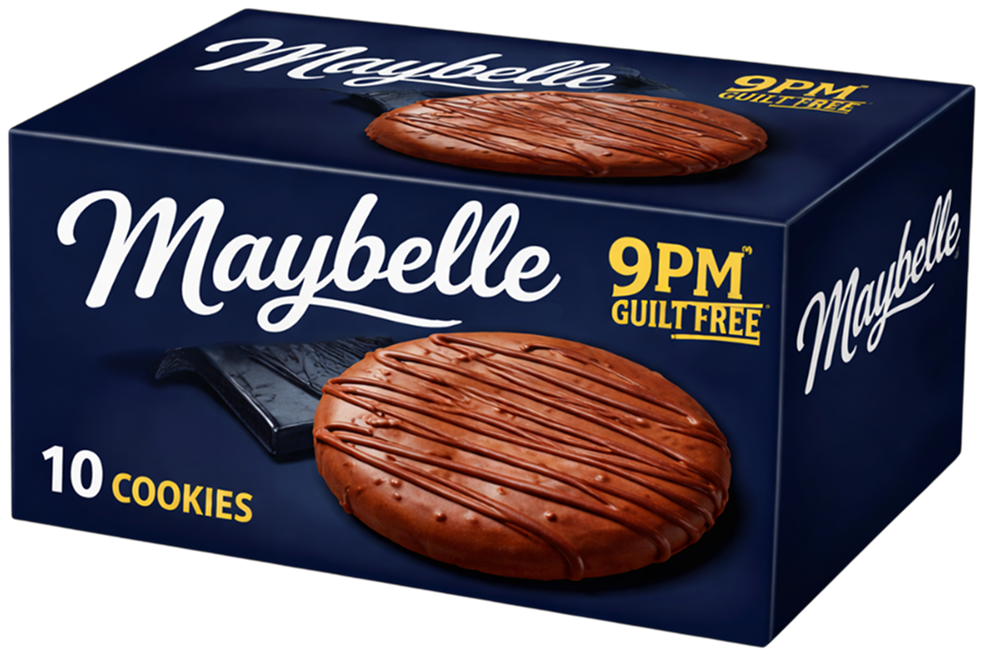 Mayabelle 9PM Guilt-Free cookies packaging with two cookies on a blue background